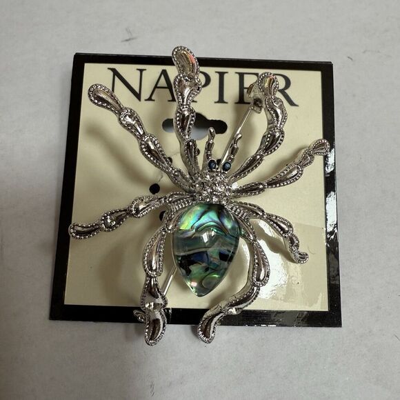 Napier Jewelry - NAPIER Scary Silver Tone Spider Halloween Bug Art Glass Cabochon Pin New